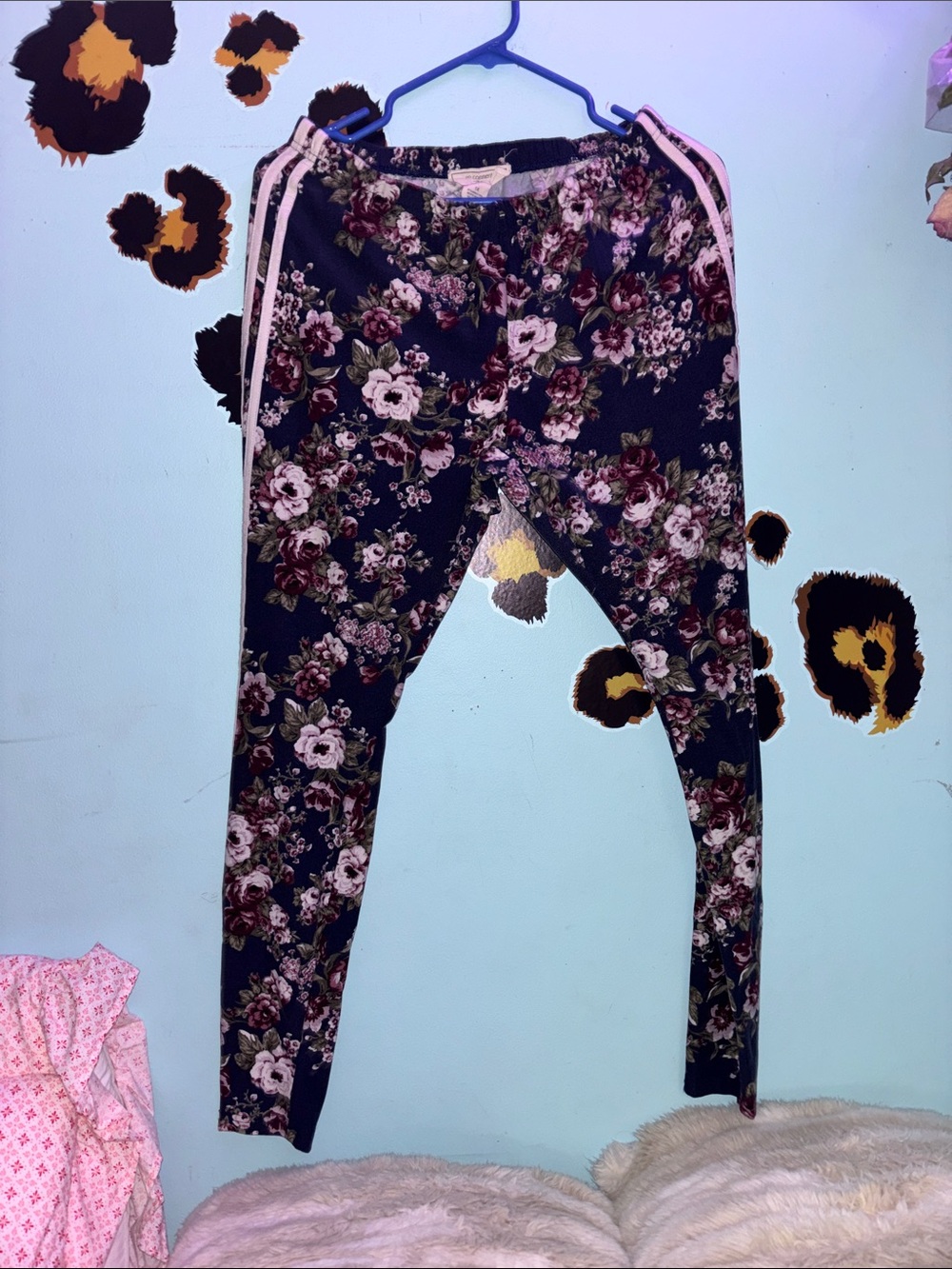 1X Floral Print Navy Leggings with Pink Trim